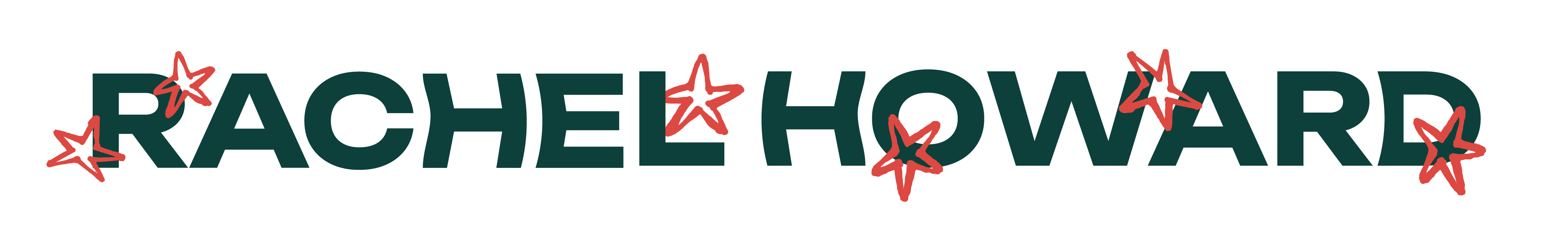 Green text spelling Rachel Howard with small red stars