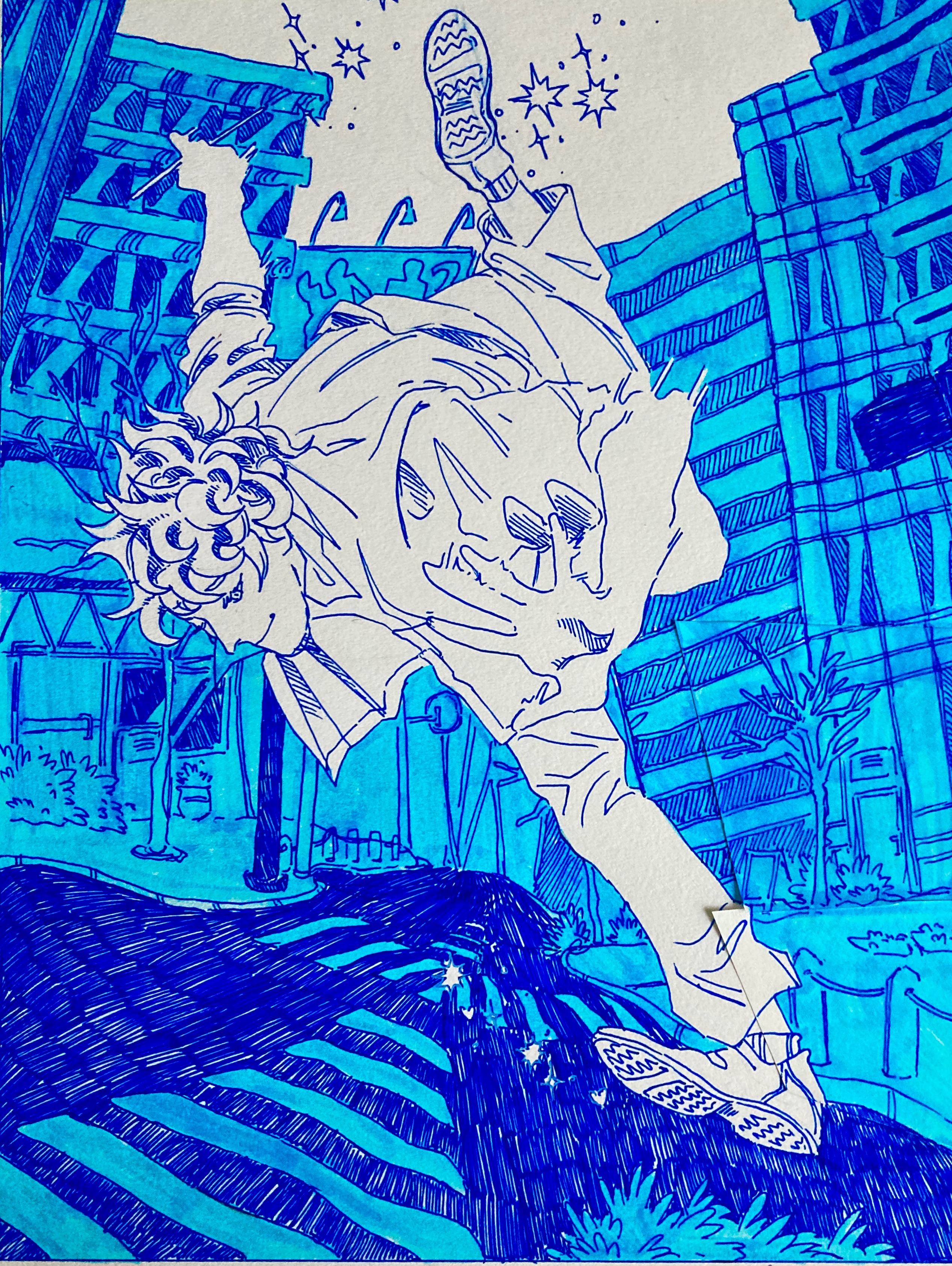 A drawing of a character in a blue city.