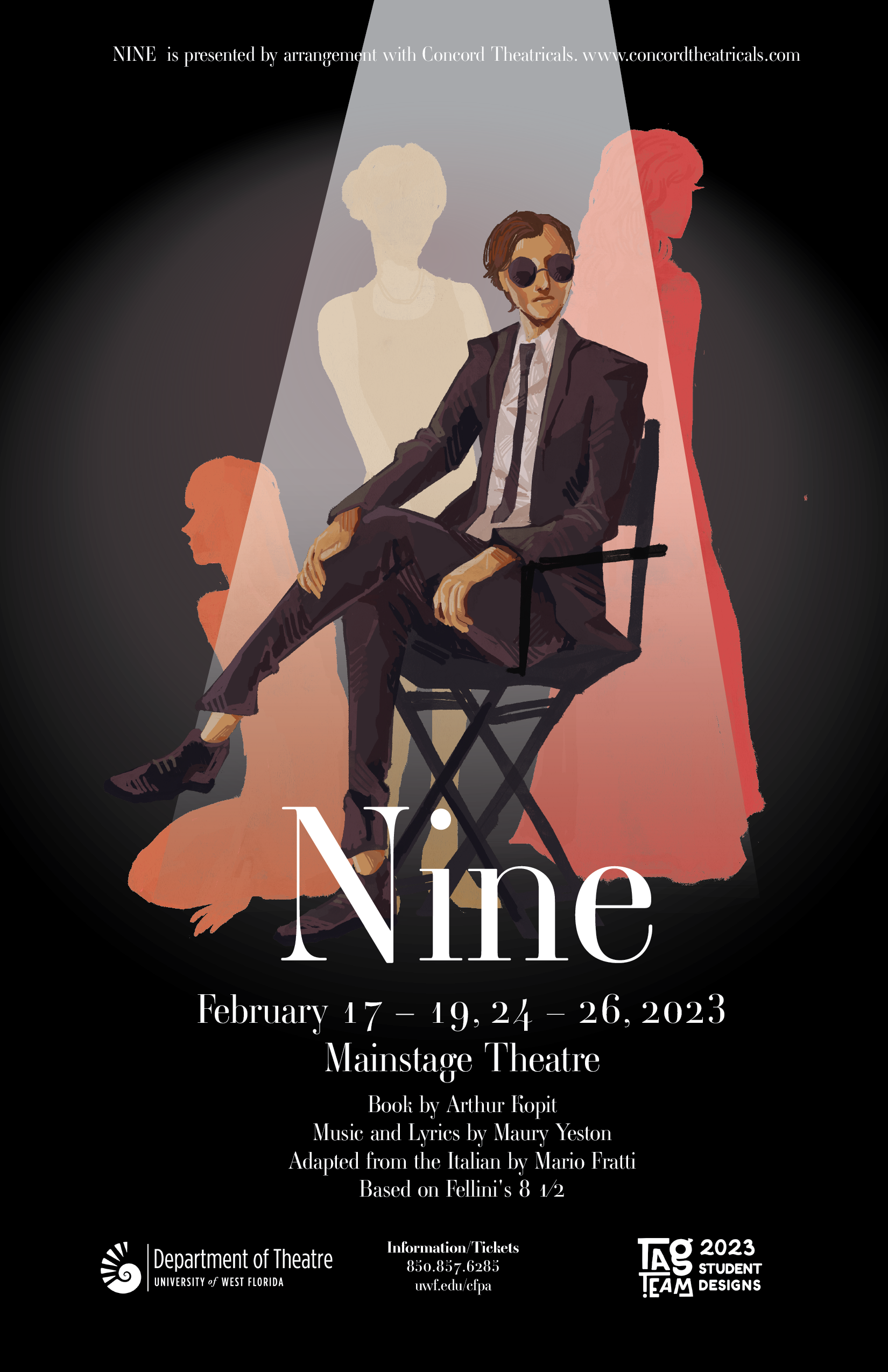 Poster for the musical Nine presented by the UWF Theatre Department