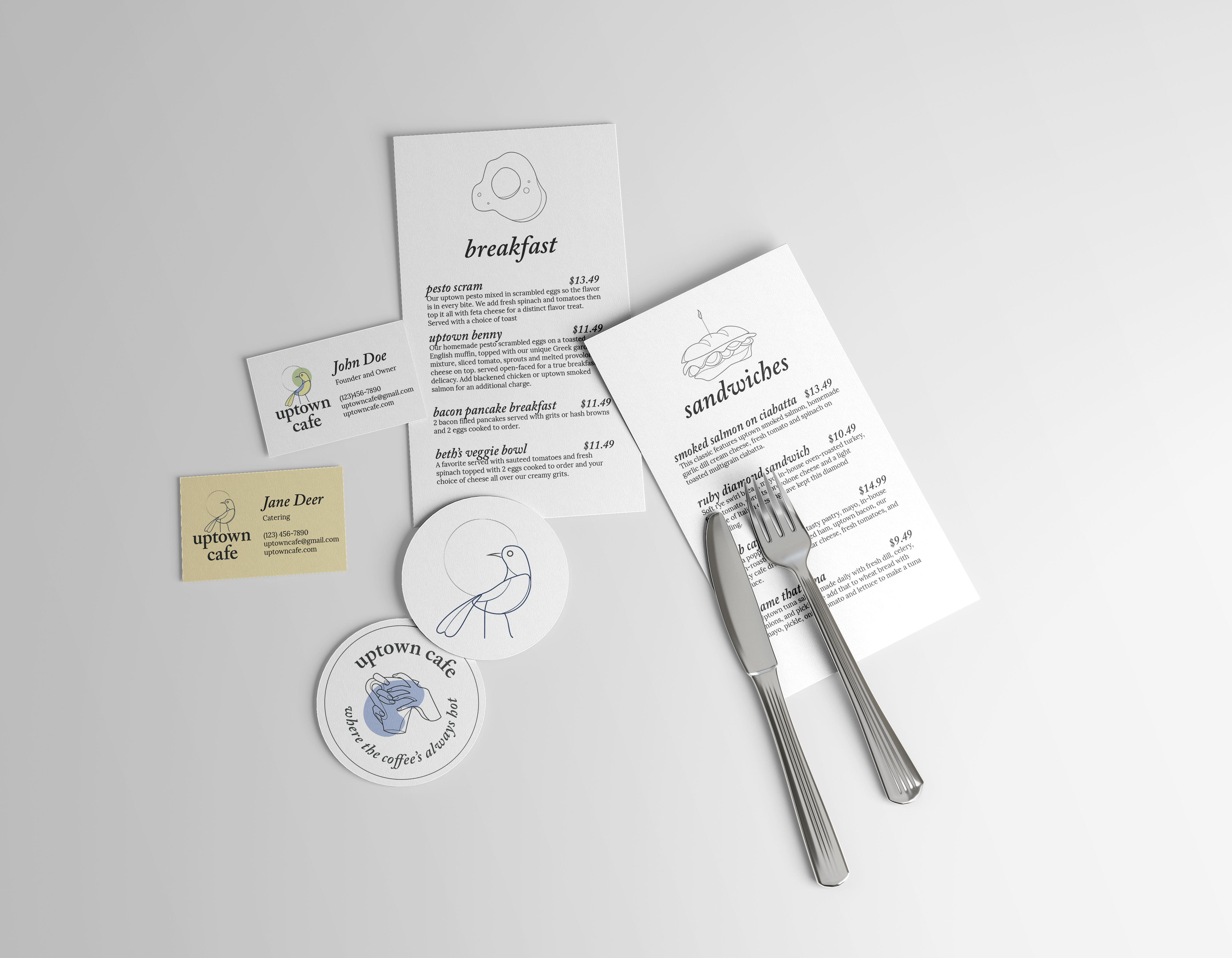 An assortment of items with designs for Uptown Cafe